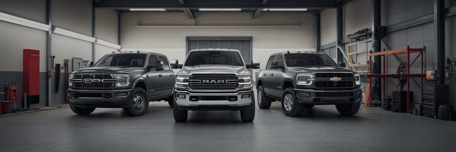 Three heavy-duty crew cab work trucks in a workshop.