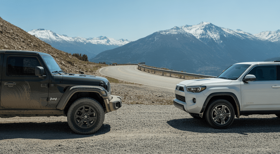 Jeep Wrangler and Toyota 4Runner in mountains.