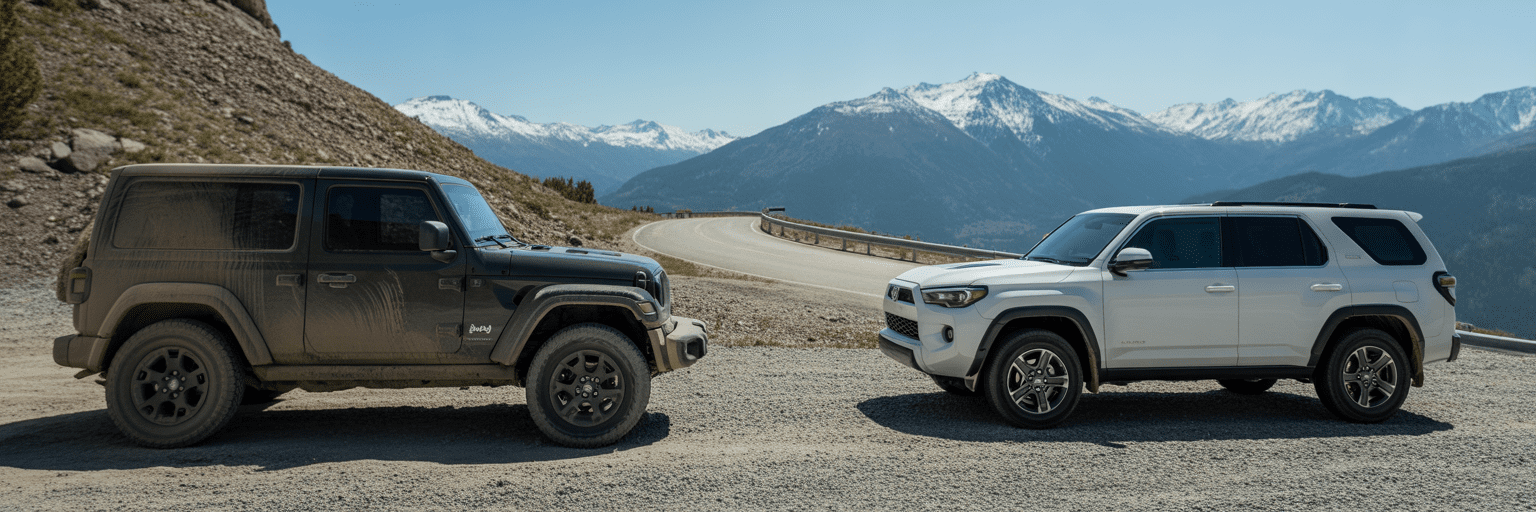 Jeep Wrangler and Toyota 4Runner in mountains.