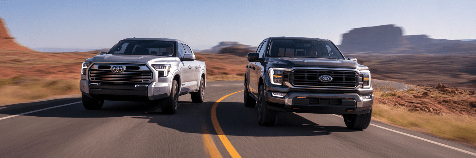 2025 Toyota Tundra and Ford F-150 on a desert road.