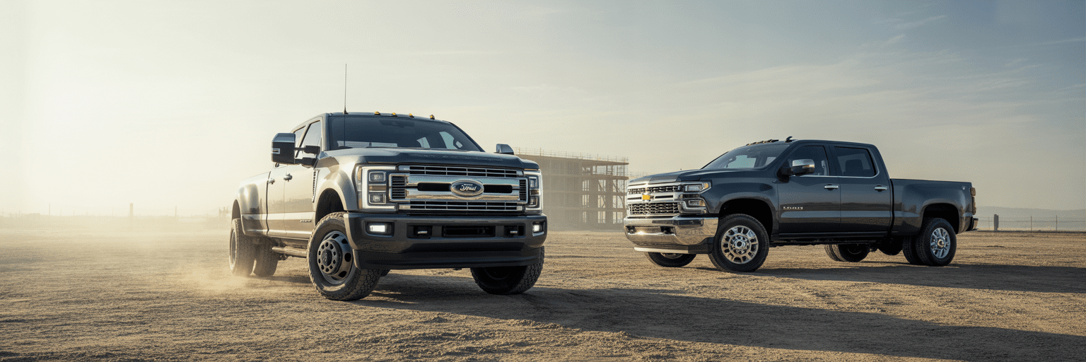 Ford F-350 and Chevy Silverado 3500HD at a construction site