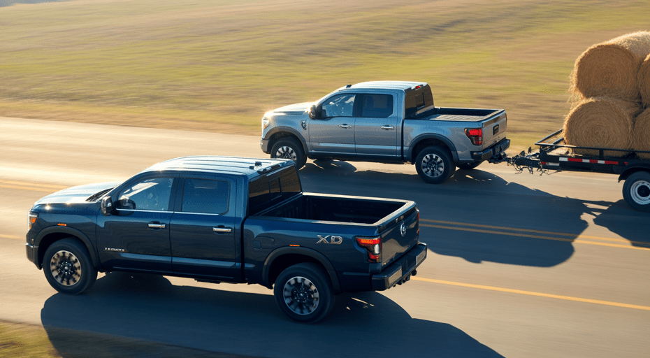 Nissan Titan XD and Ford F-250 on rural road.