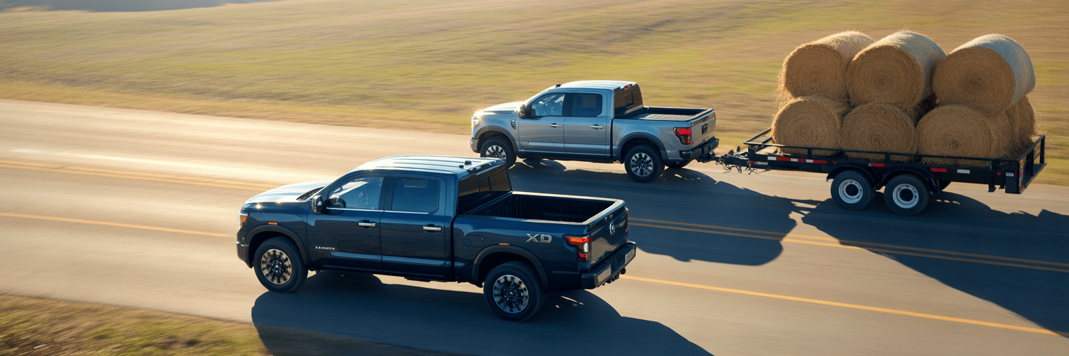 Nissan Titan XD and Ford F-250 on rural road.