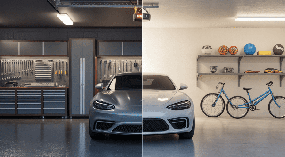 Split garage showing luxury vs practical lifestyles