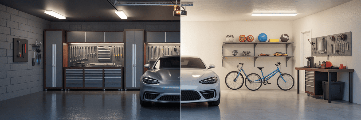 Split garage showing luxury vs practical lifestyles