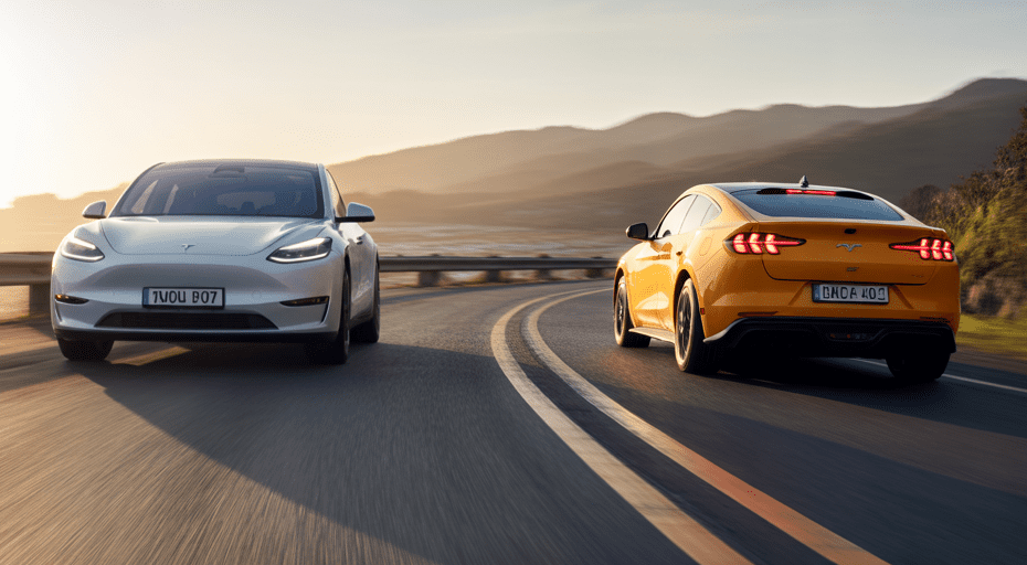 Tesla Model Y and Mustang Mach-E on highway.