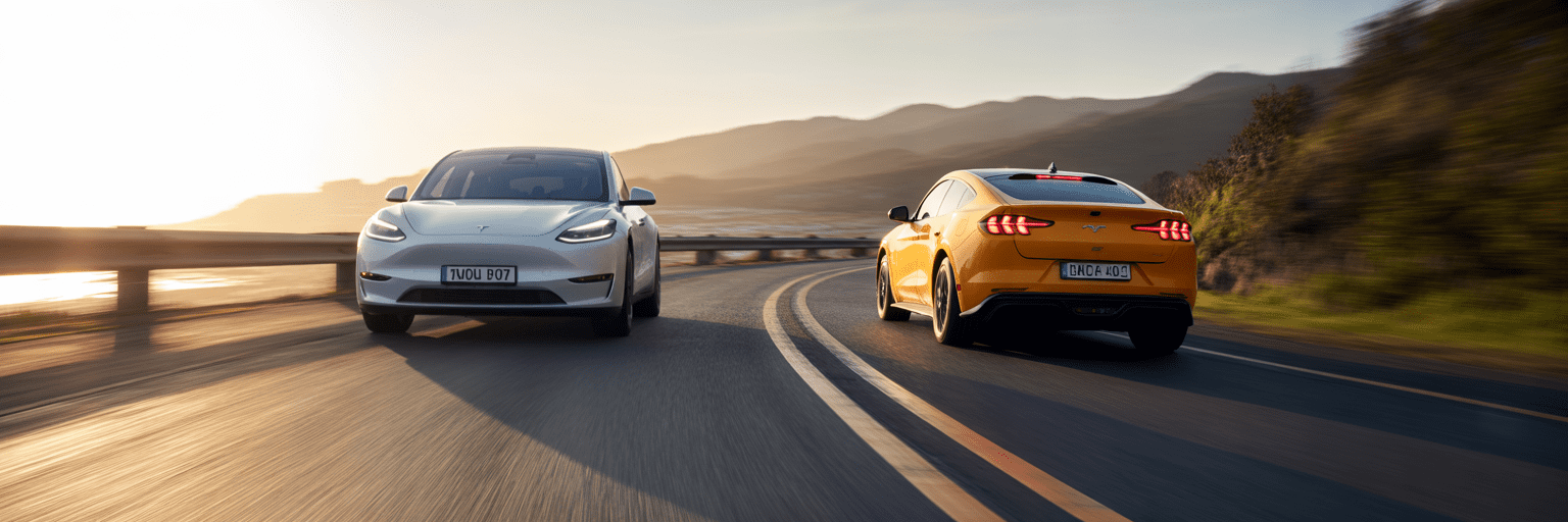 Tesla Model Y and Mustang Mach-E on highway.