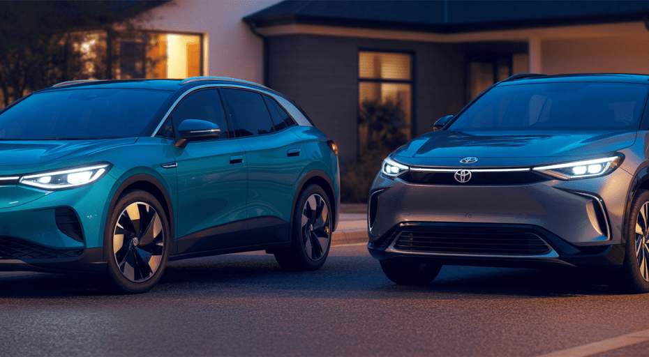Volkswagen ID.4 and Toyota bZ4X at dusk