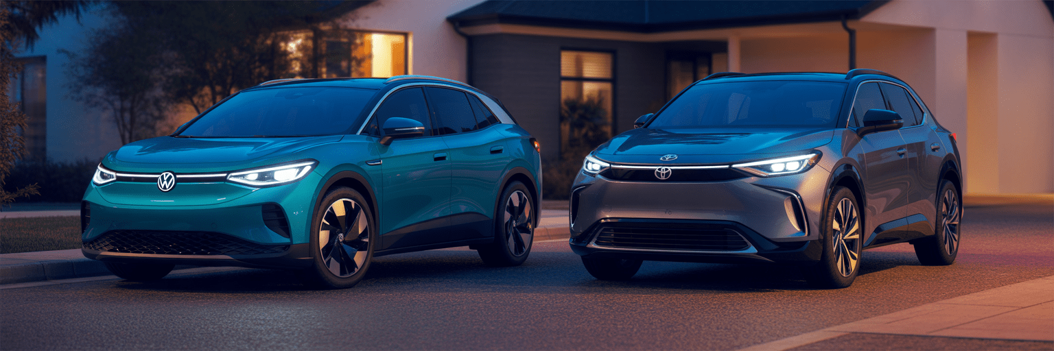Volkswagen ID.4 and Toyota bZ4X at dusk