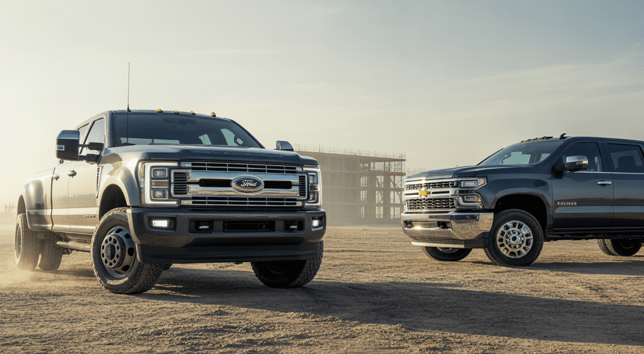 Ford F-350 and Chevy Silverado 3500HD at a construction site