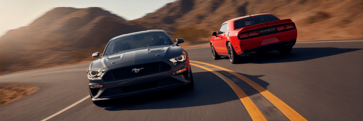 Ford Mustang GT and Dodge Challenger R/T on winding road.