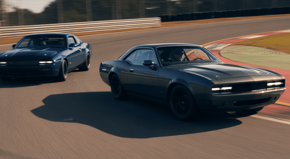 Two muscle cars racing on track