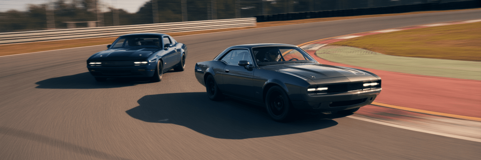 Two muscle cars racing on track