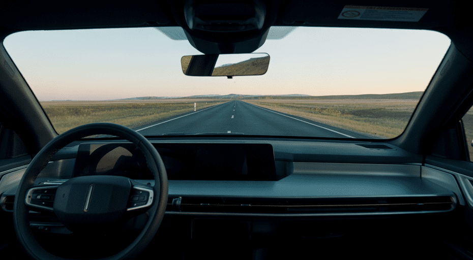 Driver's view of open highway at dusk.