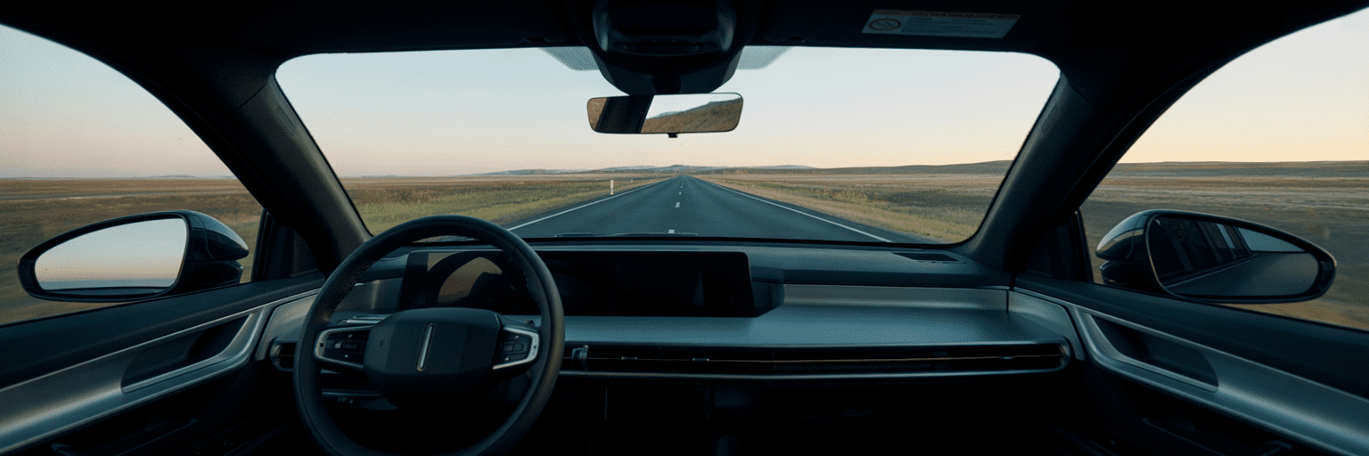 Driver's view of open highway at dusk.