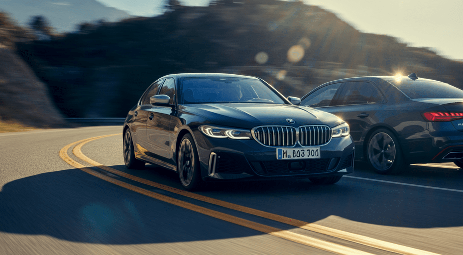 BMW M340i and Audi S4 on a winding coastal road