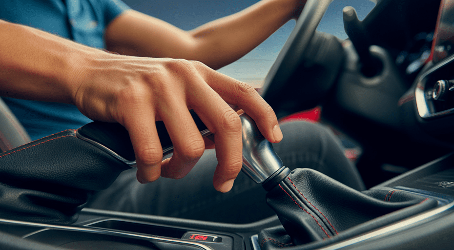 Driver's hand on a manual gear shifter.