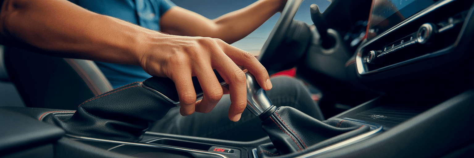 Driver's hand on a manual gear shifter.