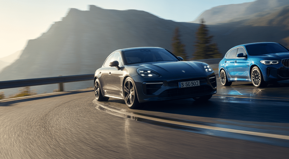Porsche Macan and BMW X3 M40i on mountain road