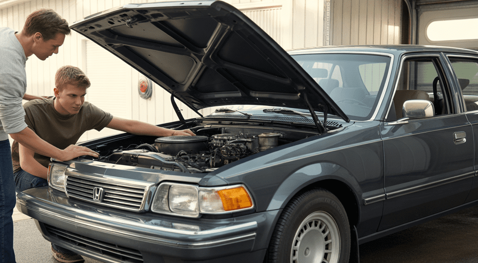 Father and son inspecting used car engine.