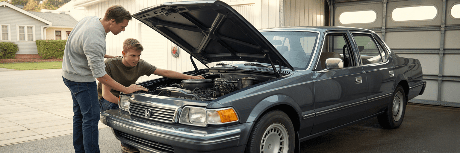 Father and son inspecting used car engine.