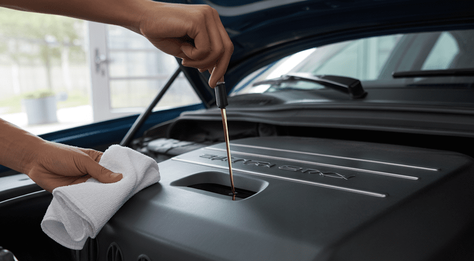 Person checking car engine oil.