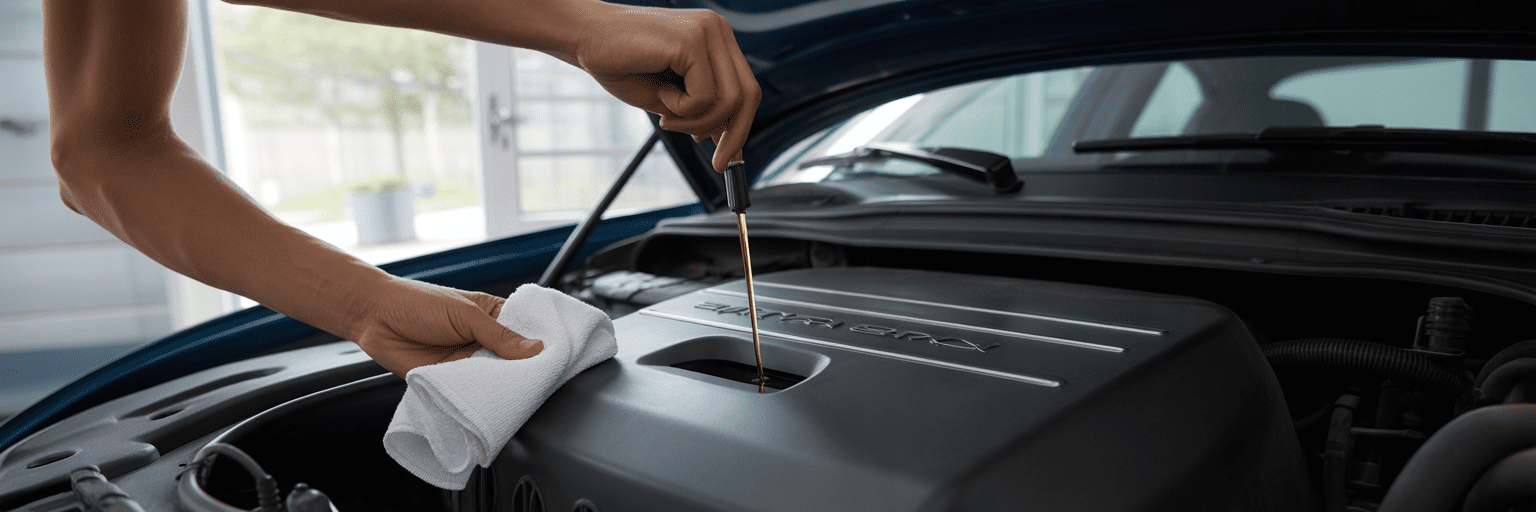 Person checking car engine oil.