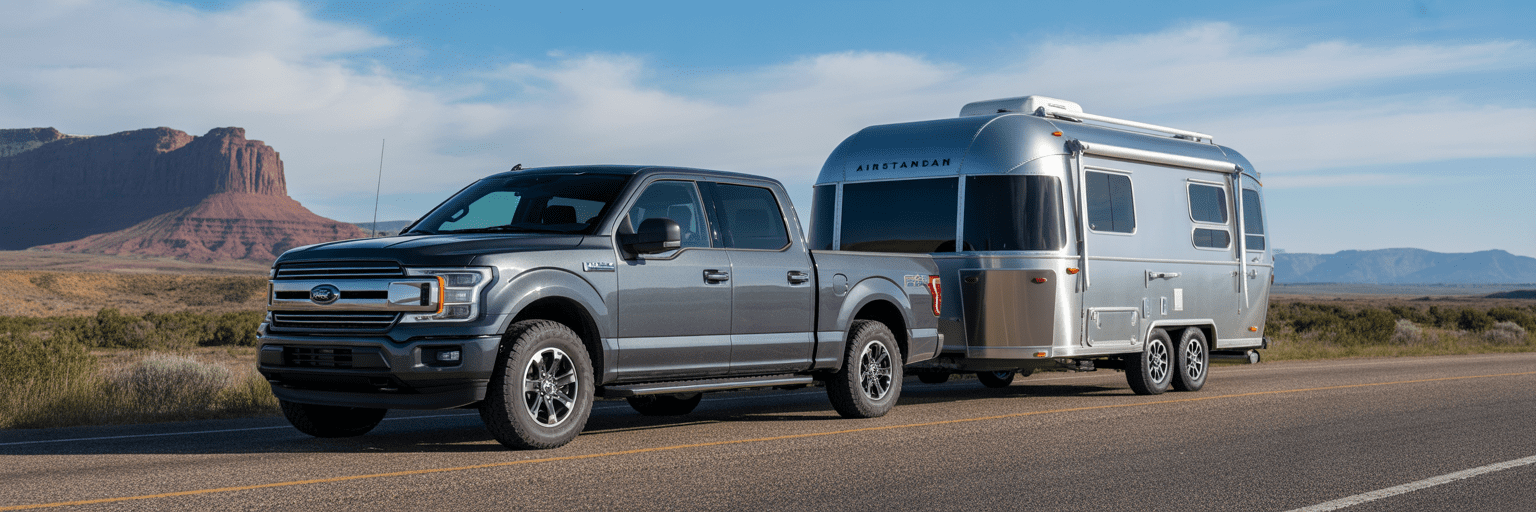 Used truck towing a camper on a scenic highway