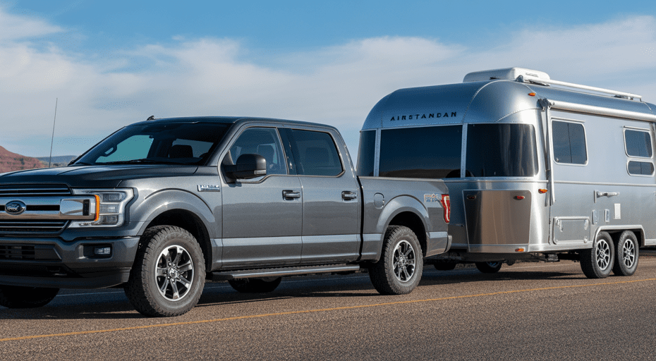 Used truck towing a camper on a scenic highway