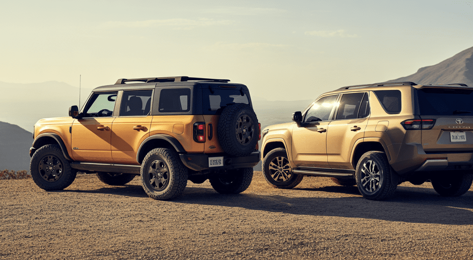 Ford Bronco and Toyota Land Cruiser at sunset.