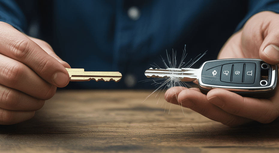 Hands holding simple key and broken electronic fob.