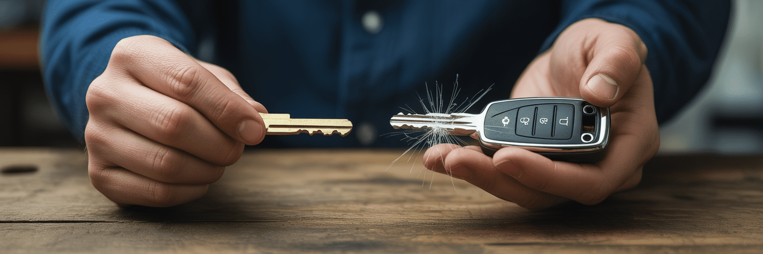 Hands holding simple key and broken electronic fob.