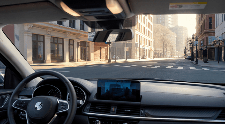 Driver's view from inside a modern rideshare car.