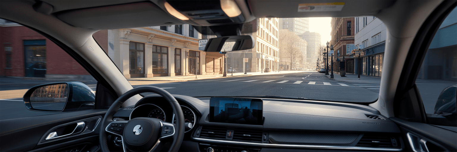 Driver's view from inside a modern rideshare car.