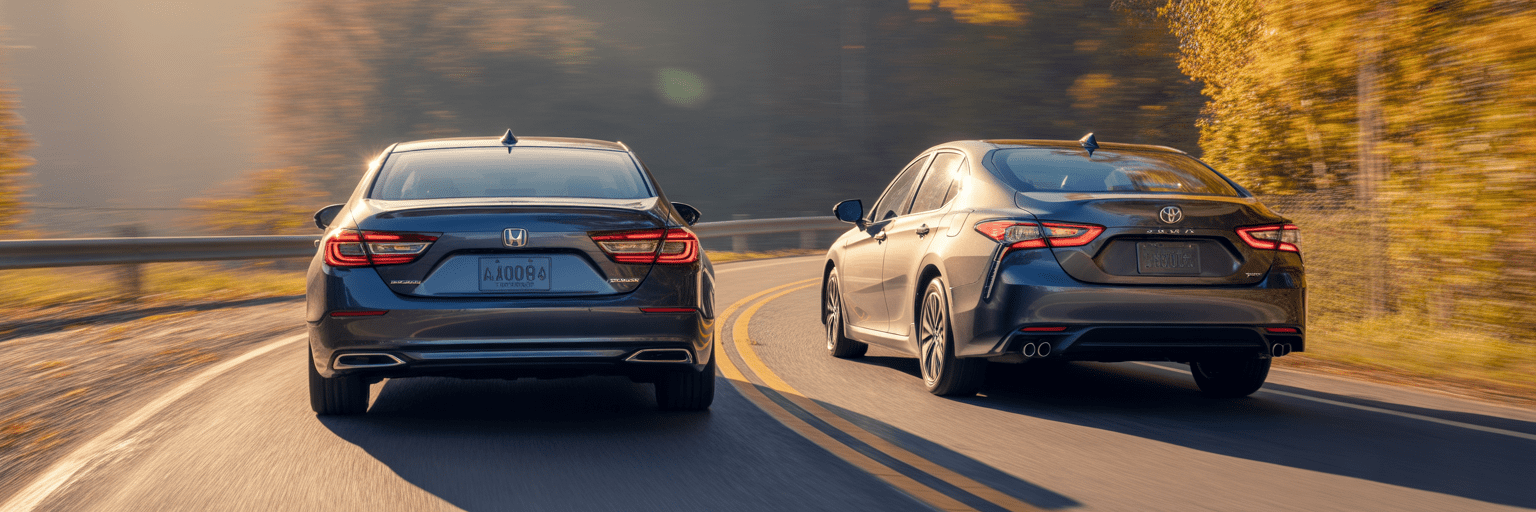 2026 Accord and Camry hybrids driving on scenic road.