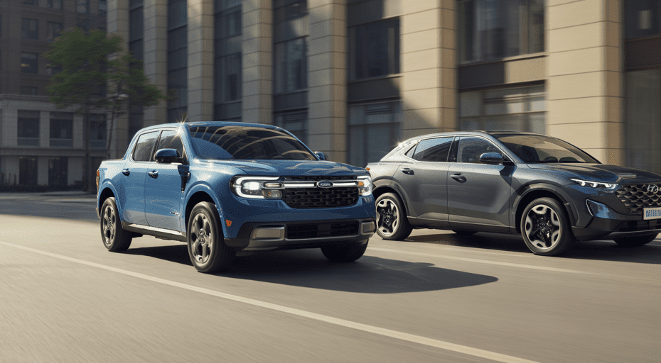 2026 Ford Maverick and Hyundai Santa Cruz on city street.