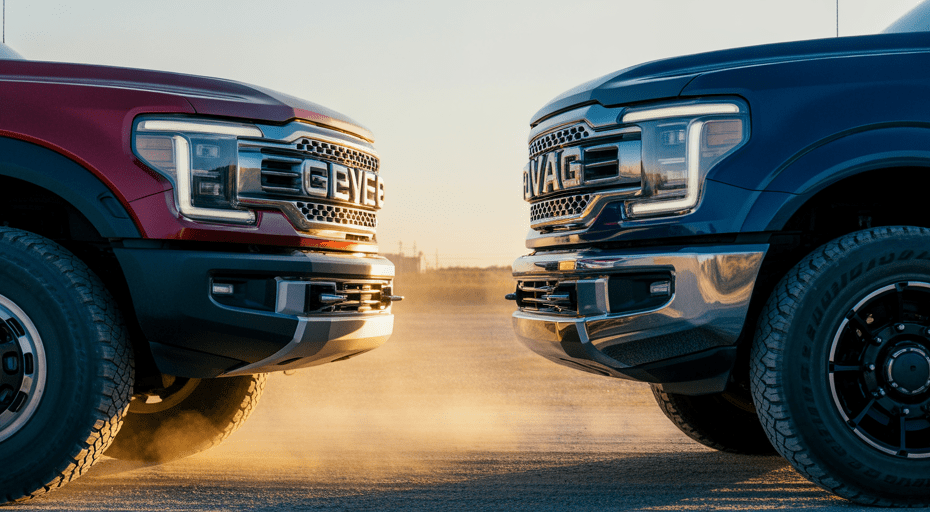 Two heavy-duty trucks facing off on a rural road.