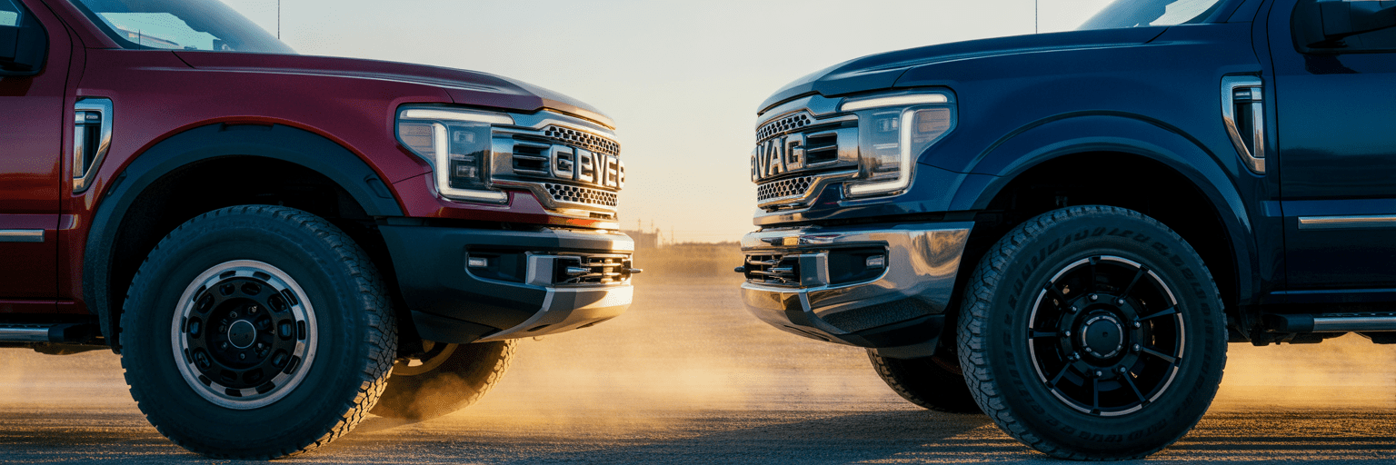 Two heavy-duty trucks facing off on a rural road.