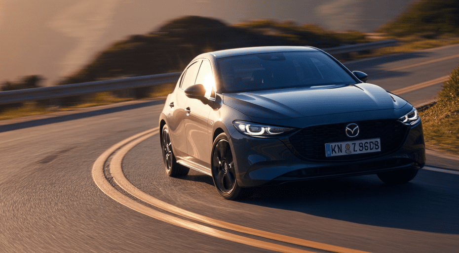 Gray hatchback driving on scenic road.