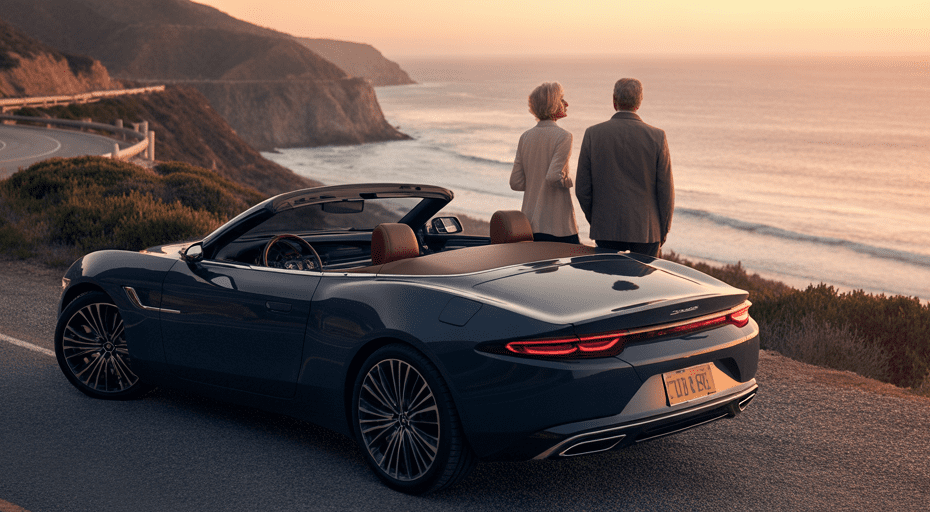 Empty nester couple with car at scenic overlook.