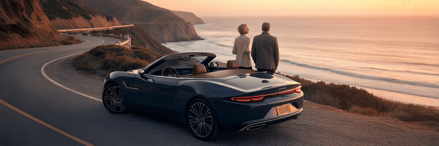 Empty nester couple with car at scenic overlook.