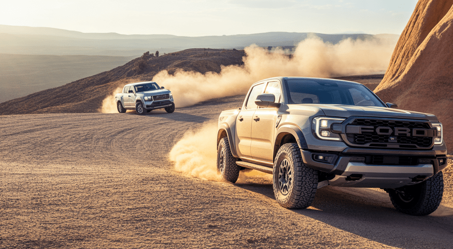 Ranger Raptor and Tacoma TRD Pro on dirt trail.