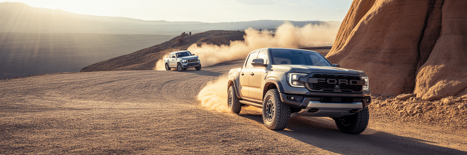 Ranger Raptor and Tacoma TRD Pro on dirt trail.