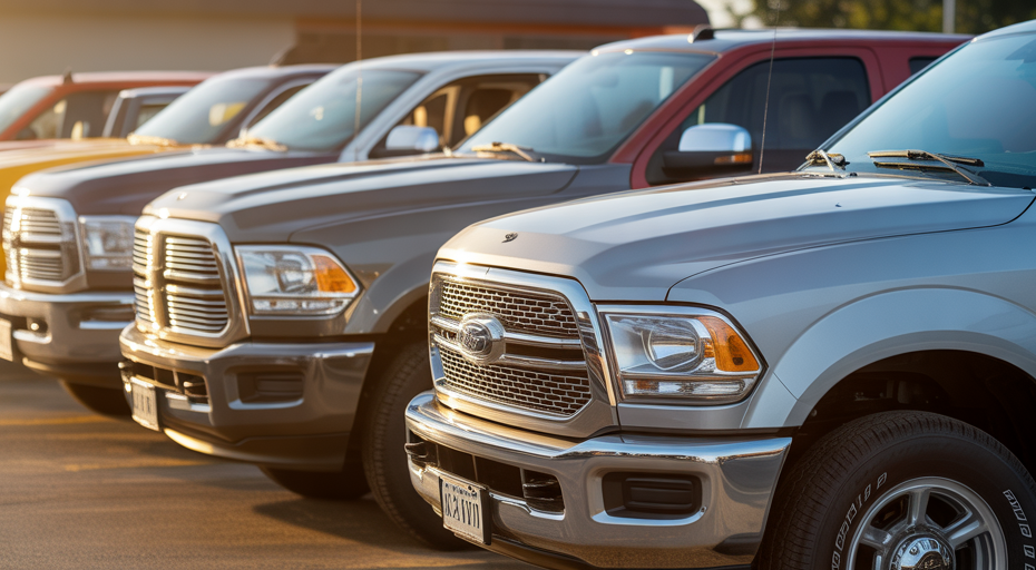 Row of used half-ton pickup trucks.