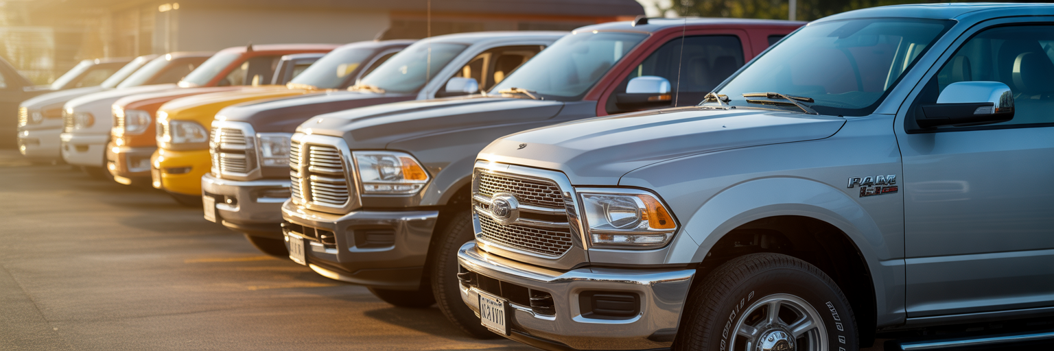 Row of used half-ton pickup trucks.