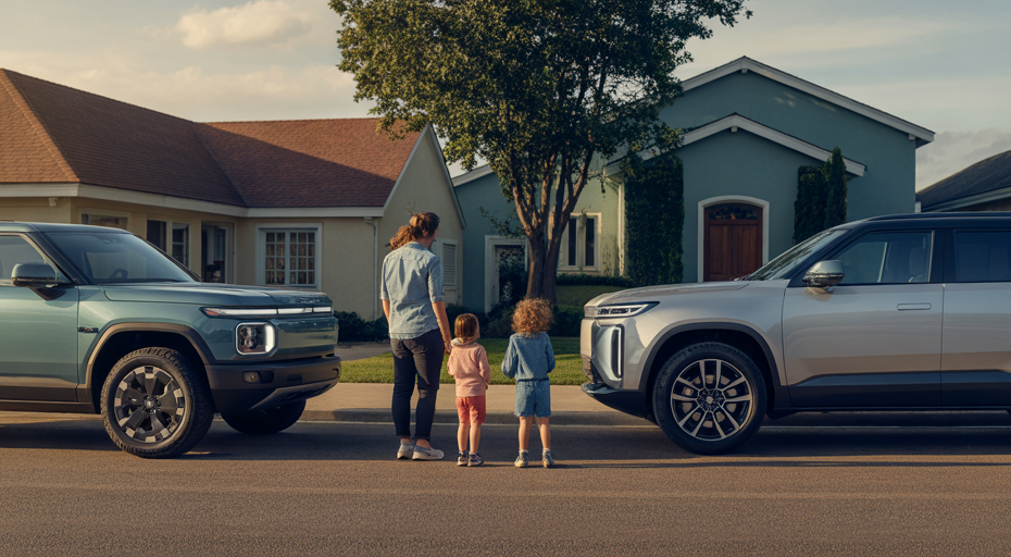Family choosing between two new SUVs.