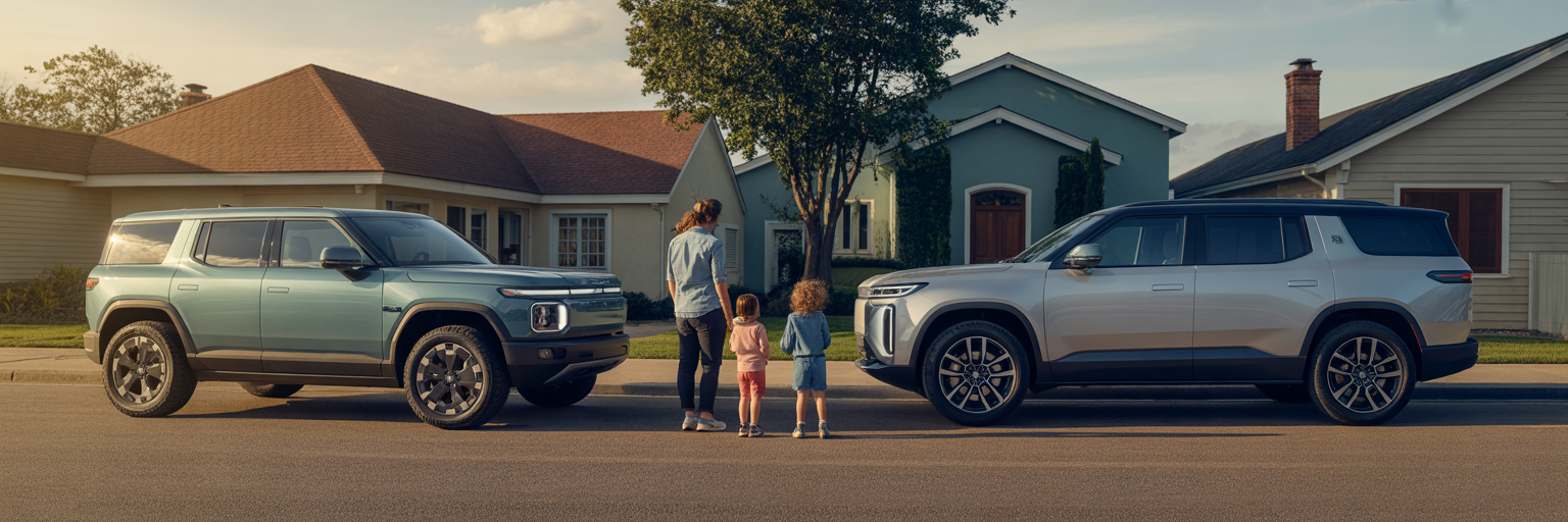 Family choosing between two new SUVs.
