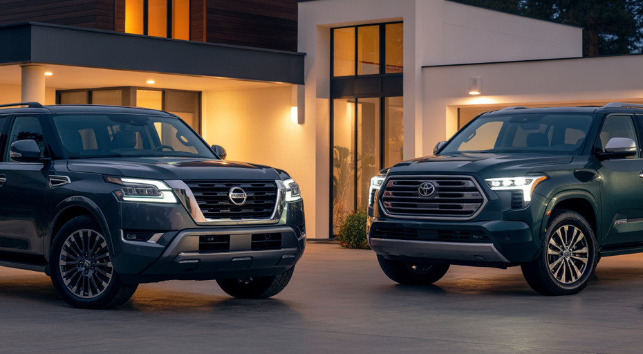 Nissan Armada and Toyota Sequoia compared in driveway.