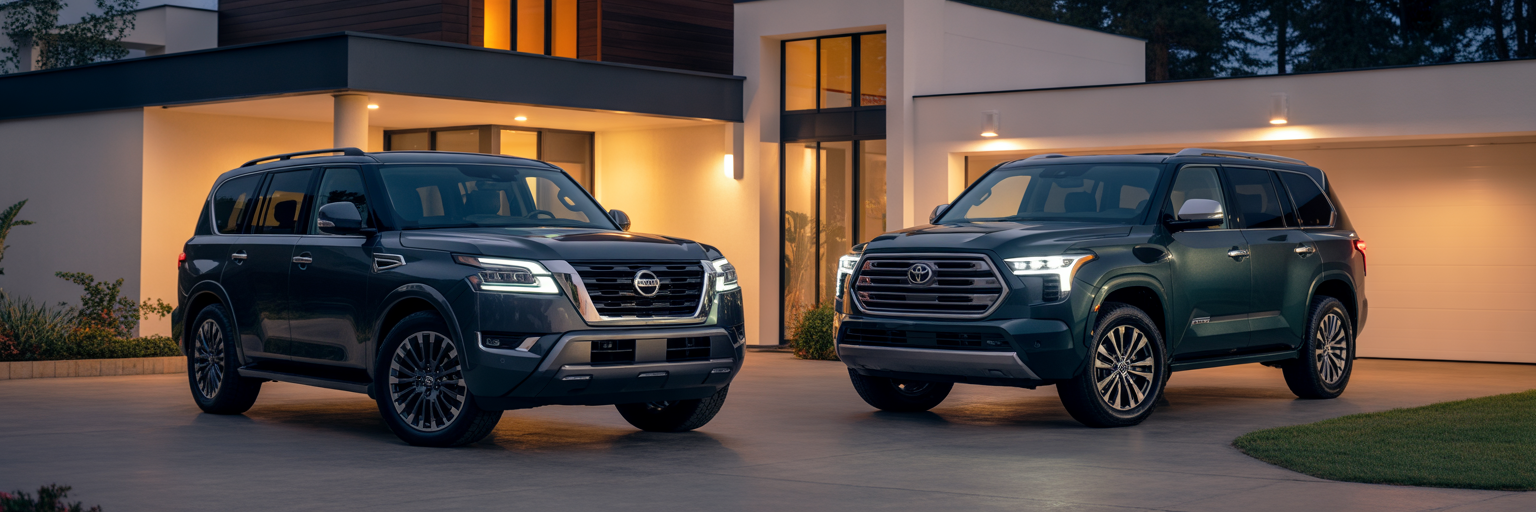 Nissan Armada and Toyota Sequoia compared in driveway.