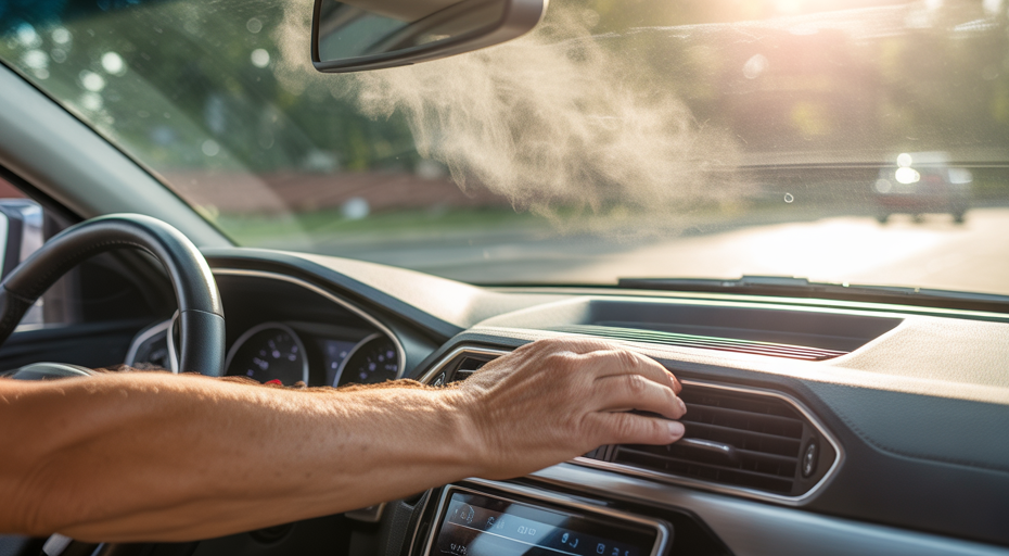 Hand reaching for car AC vent on hot day.